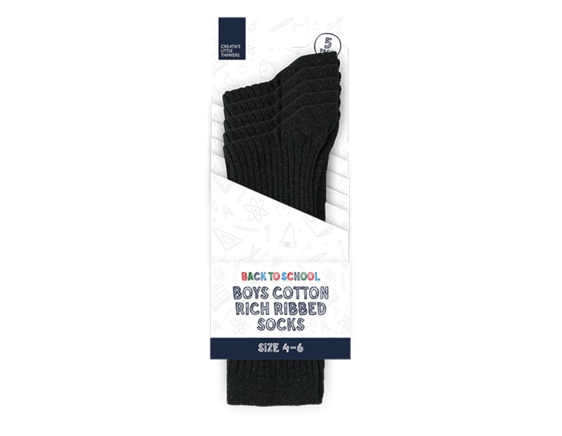 Wholesale Boys Cotton Rich Ribbed Socks 5pk 4 asstd sizes