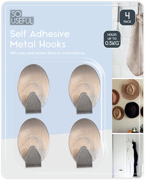 Wholesale Metal Self Adhesive Hooks 4pk CDU