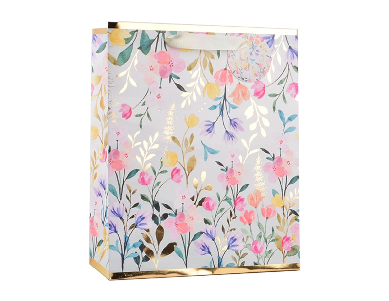 Wholesale Womens Foiled Floral Medium Gift Bag 26x32x12cm