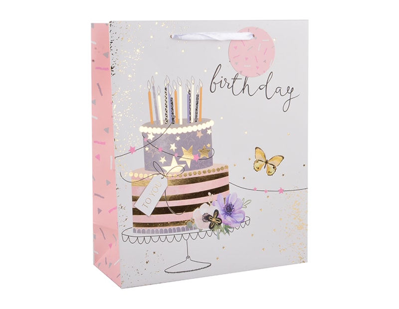 Wholesale Womens Foiled Birthday Cake Medium Gift Bag 26x32x12cm