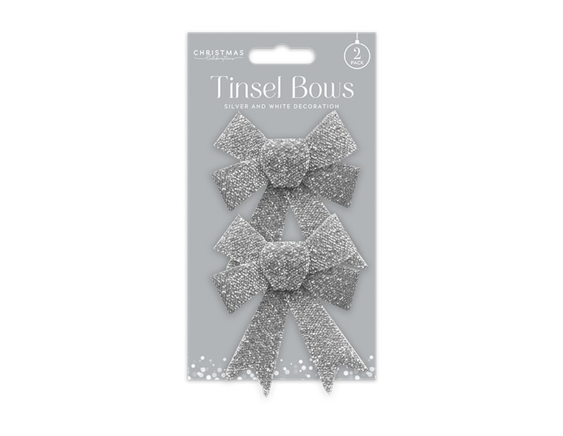 Wholesale Silver & White Glitter Tinsel Bows