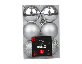 Wholesale Silver assorted baubles 5cm Dia -6pk