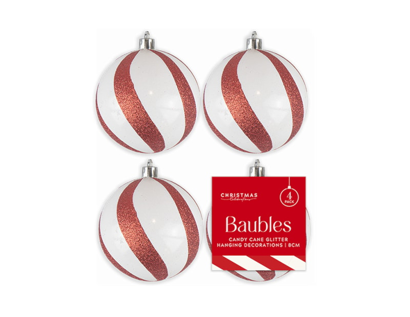 Wholesale Candy Cane Glitter Baubles 4pk