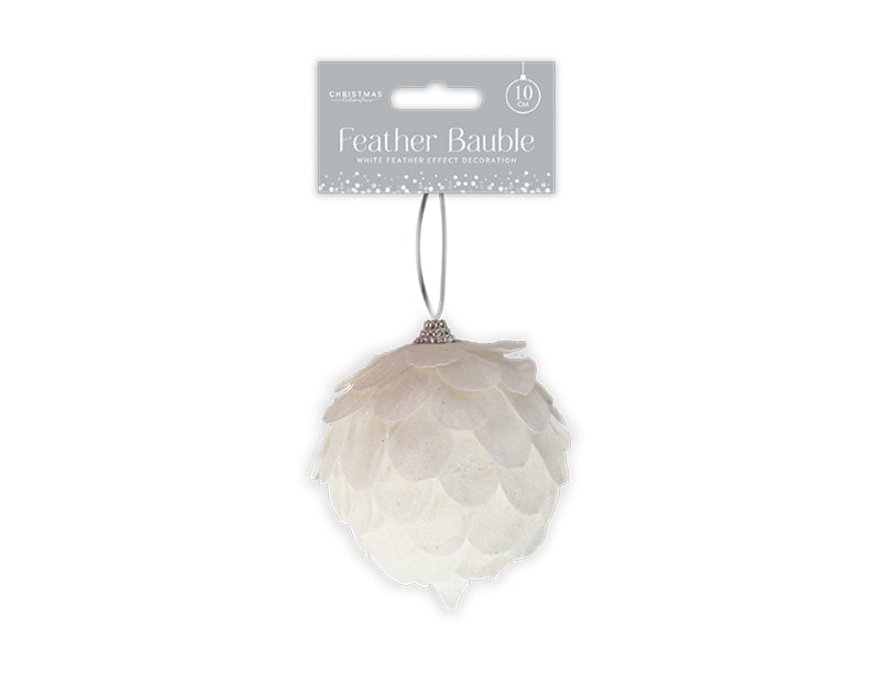 Wholesale Christmas Feather Effect White Bauble