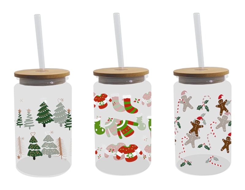 Wholesale Festive Glass Drinking Cup with straw 480ml