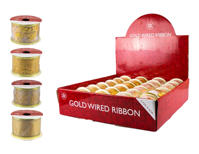 Gold Christmas Wired Ribbon 5cm x 2.75m (With PDQ)