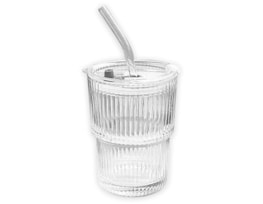 Wholesale Ribbed Glass Cup With Straw & Lid 360ml