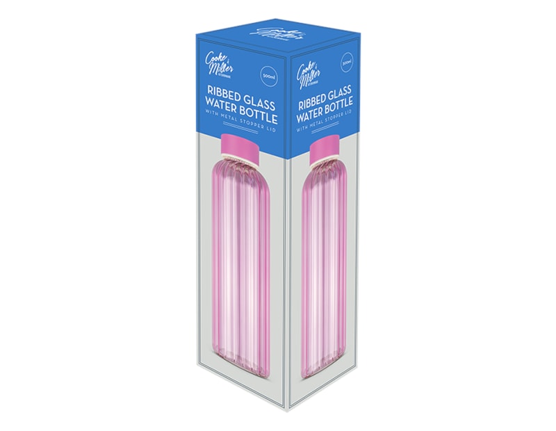 Pink Ribbed Glass Water Bottle 500ml