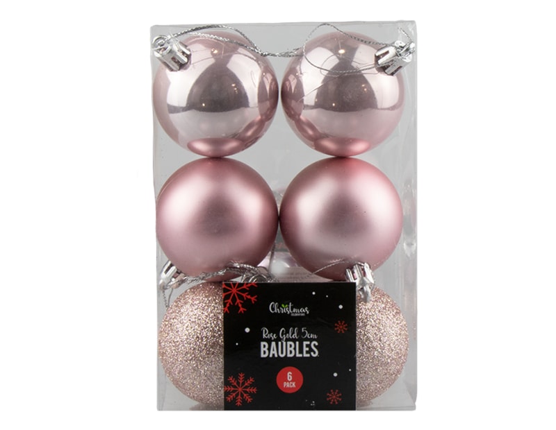 Wholesale Rose Gold Assorted Baubles | Bulk Buy Pink Christmas Decorations