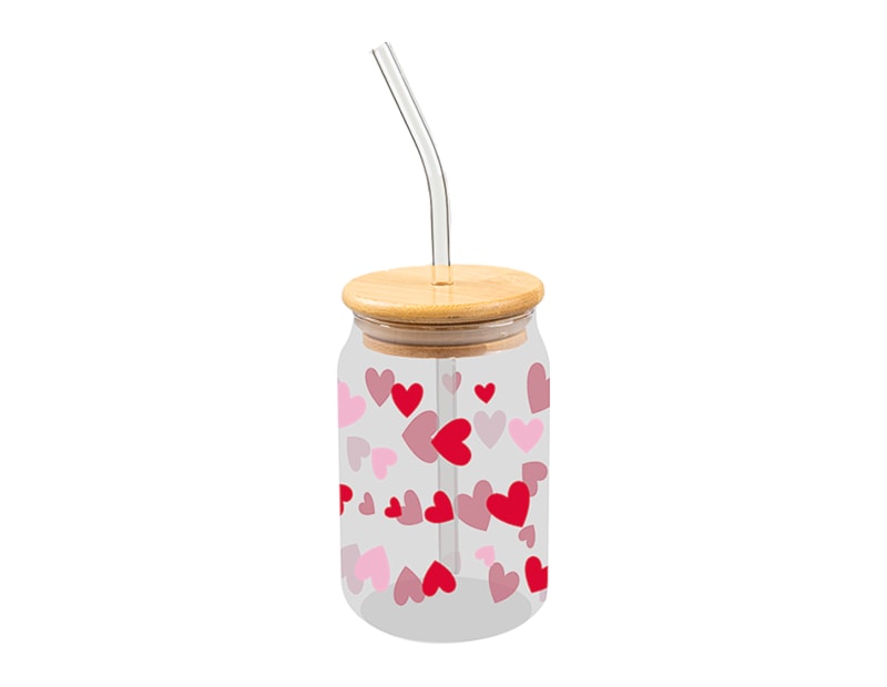 Wholesale Valentine's Glass Jar and Straw With Bamboo Lid