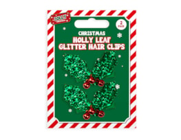 Wholesale Glitter Holly Hair Clips 2pk