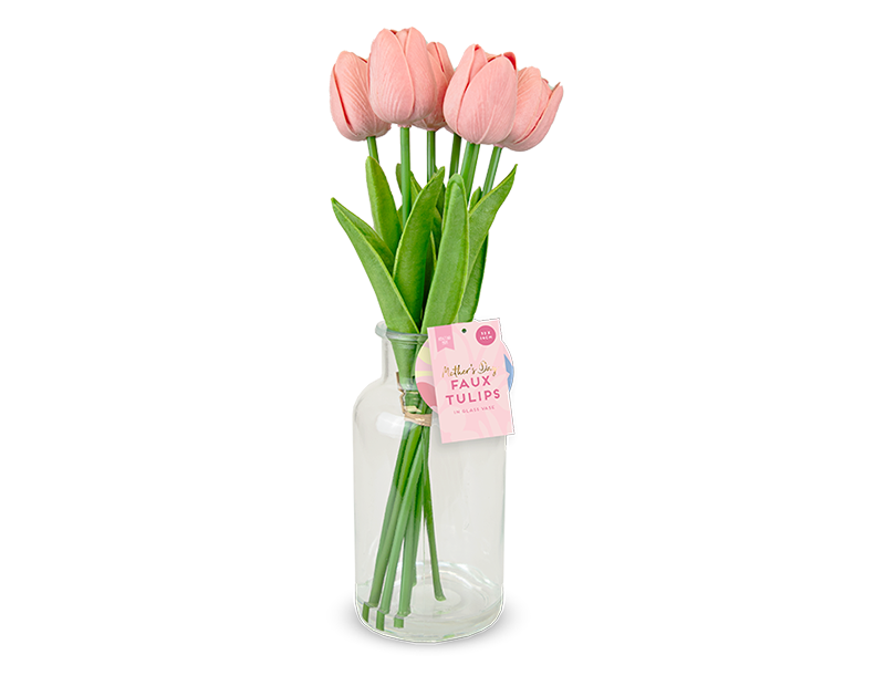 Wholesale 7 Faux Tulips In Glass Vase