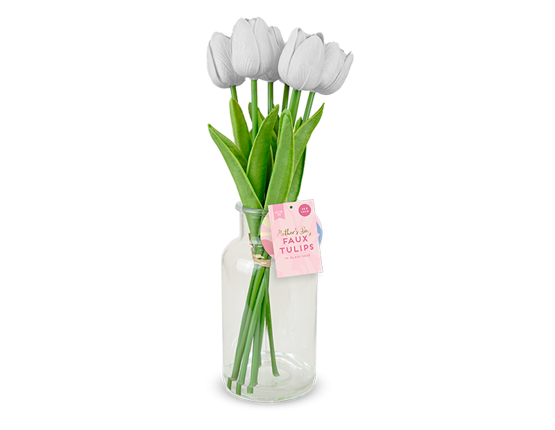 Wholesale 7 Faux Tulips In Glass Vase