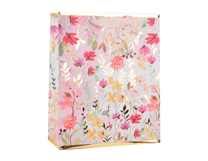 Wholesale Womens Foiled Floral Medium Gift Bag 26x32x12cm