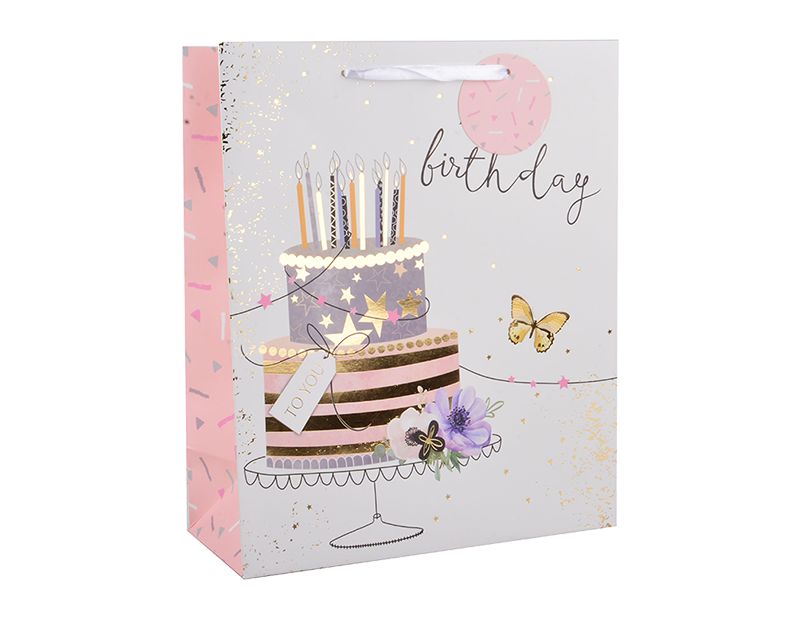 Wholesale Womens Foiled Birthday Cake Medium Gift Bag 26x32x12cm