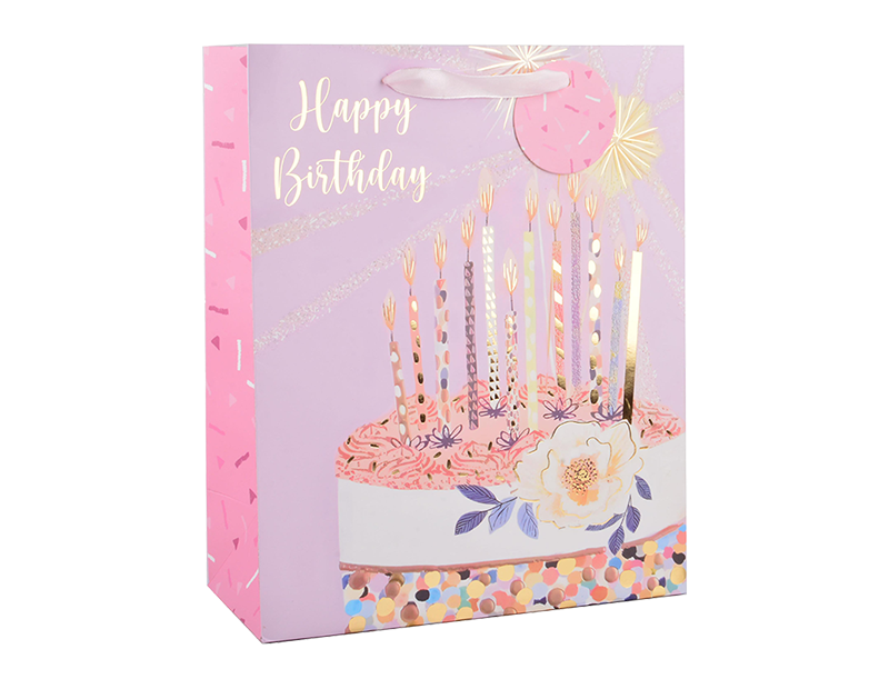 Wholesale Womens Foiled Birthday Cake Medium Gift Bag 26x32x12cm