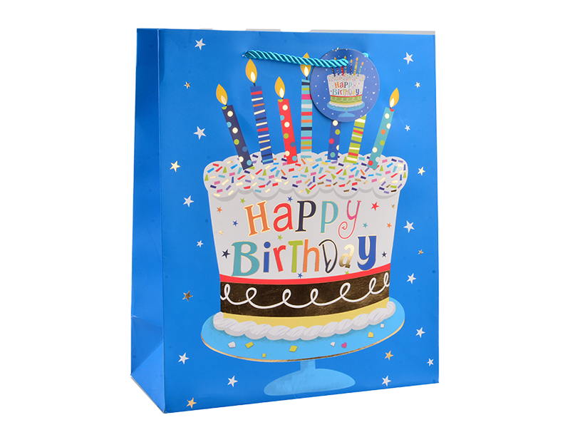 Wholesale Childrens Foiled Birthday Cake Medium Gift Bag 26x32x12cm