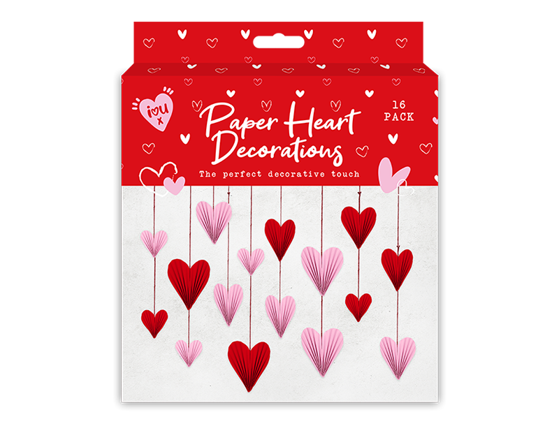 Wholesale Valentine's Paper Heart Decorations 16pk PDQ