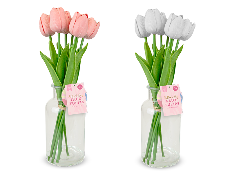 Wholesale 7 Faux Tulips In Glass Vase