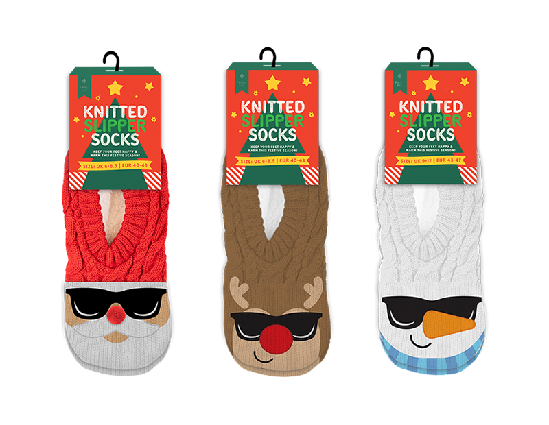 Wholesale Men's Christmas Novelty Knitted Slipper Socks with Fleece Lining