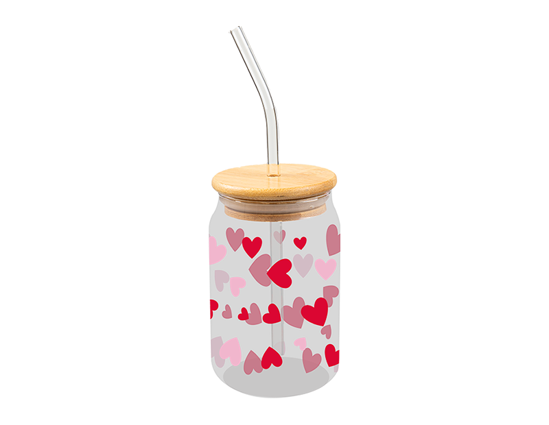 Valentine's Glass Jar and Straw With Bamboo Lid