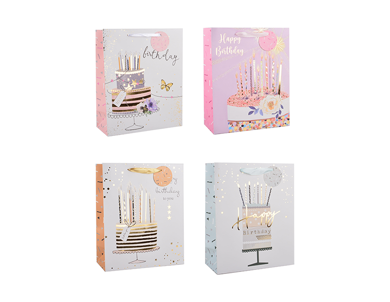 Wholesale Womens Foiled Birthday Cake Medium Gift Bag 26x32x12cm