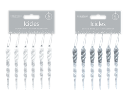 Silver & White Acrylic Glitter Icicles - 6 Pack 13cm x 1cm