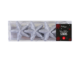 Silver Glittered Star Christmas Tree Decorations - 4 Pack