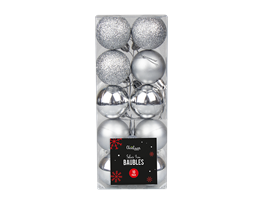 Silver Assorted Baubles 4cm Dia - 10pk